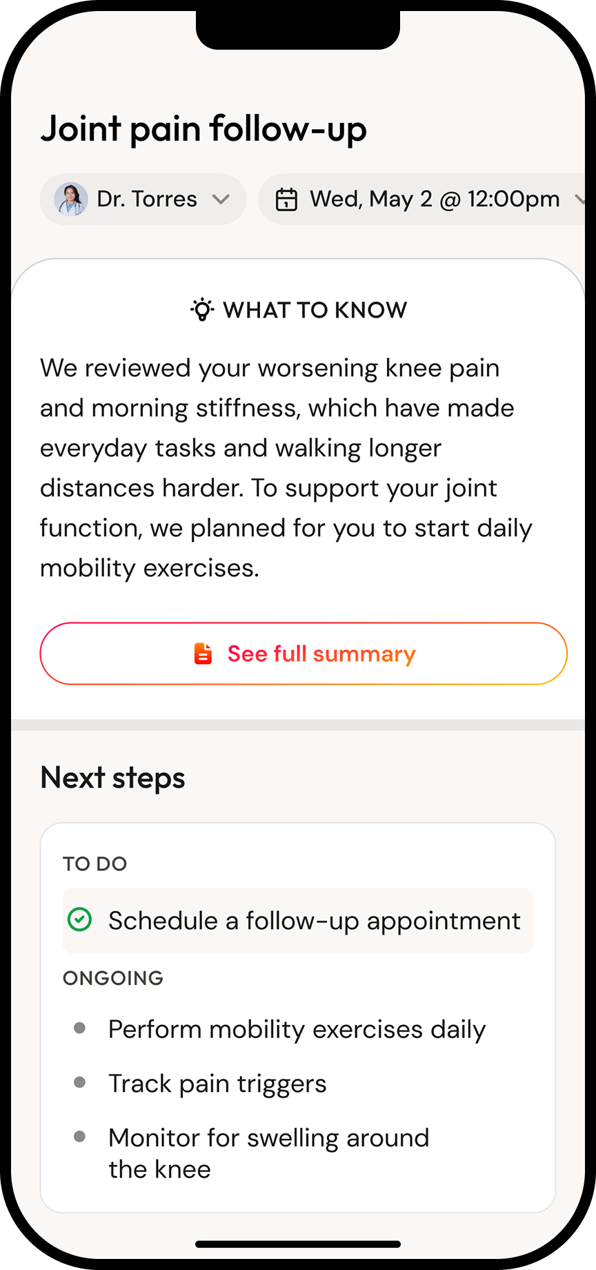 Kin visit summary showing key information and next steps