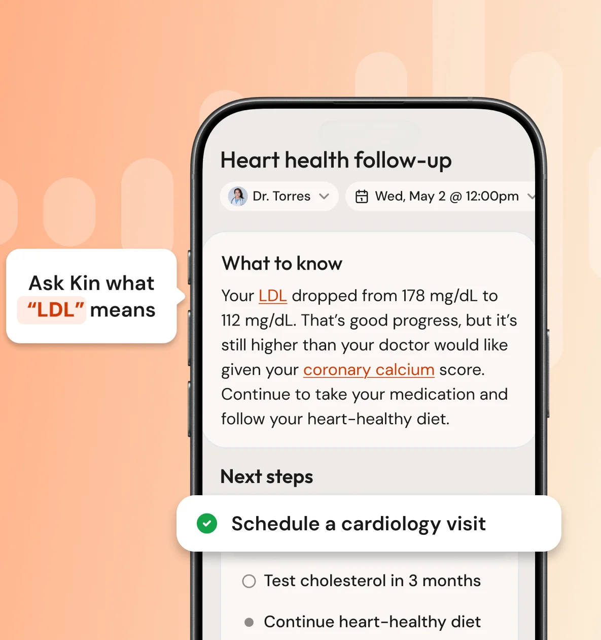 Kin app showing a visit summary with next steps