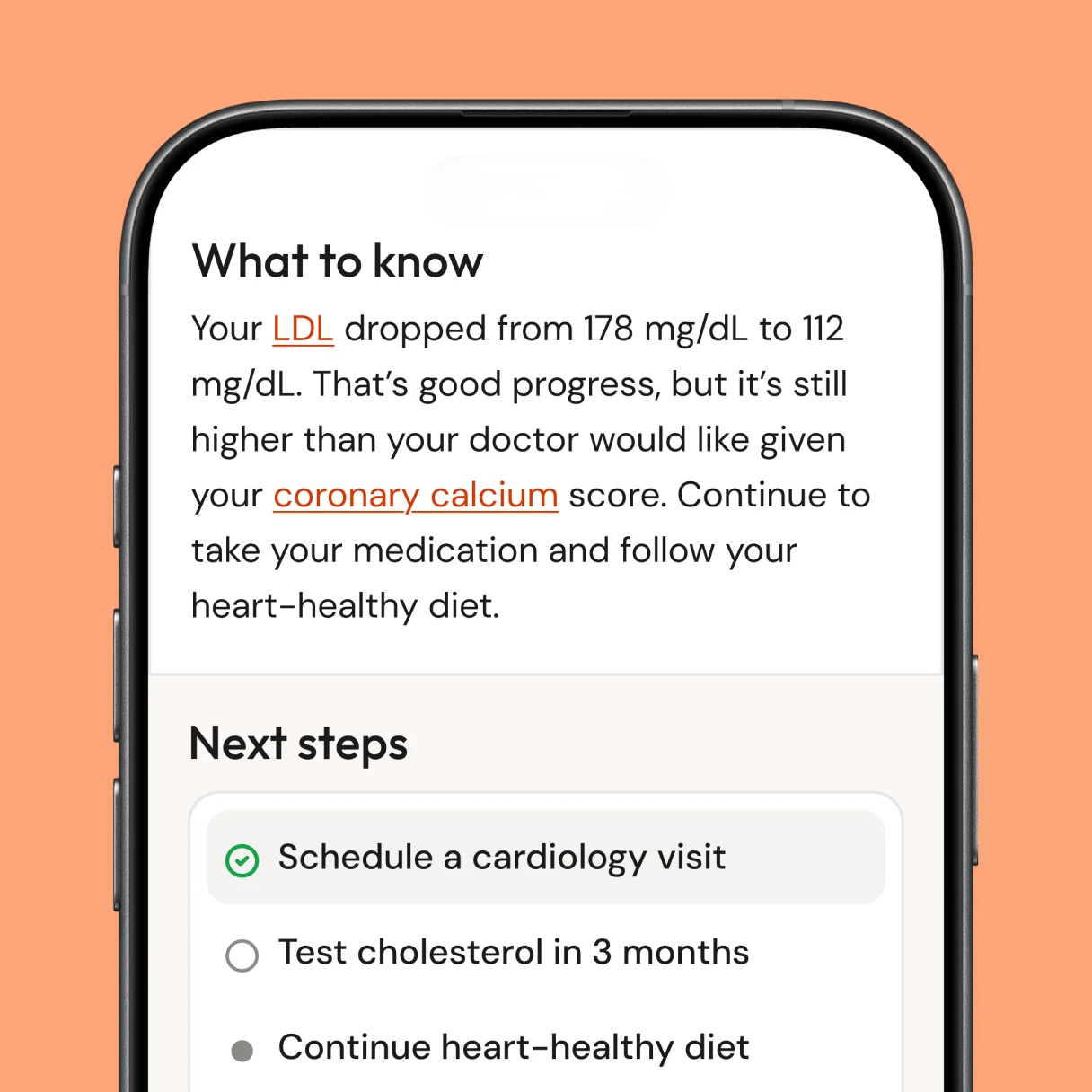 Kin summary screen with next steps