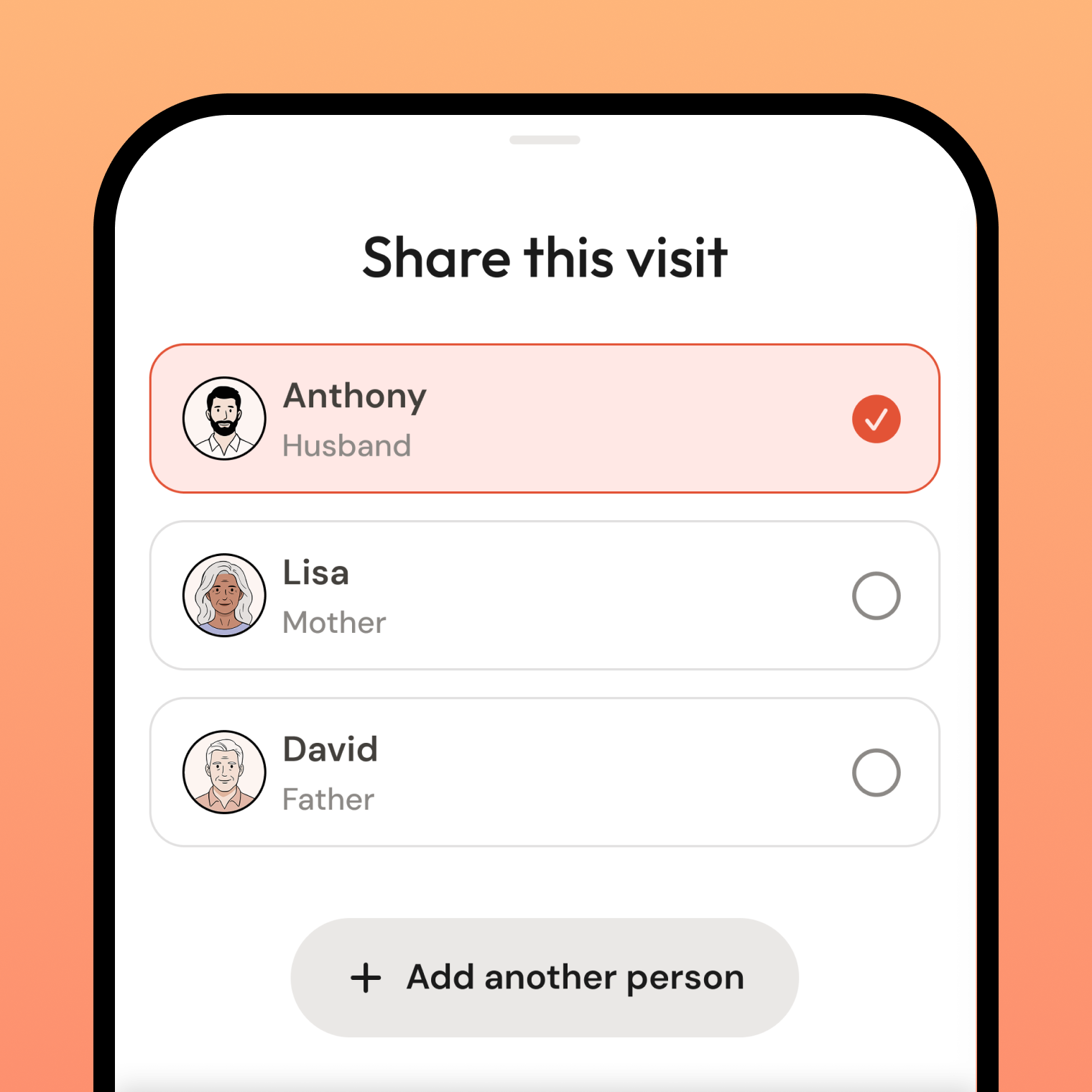 Kin sharing screen with partner and care team options