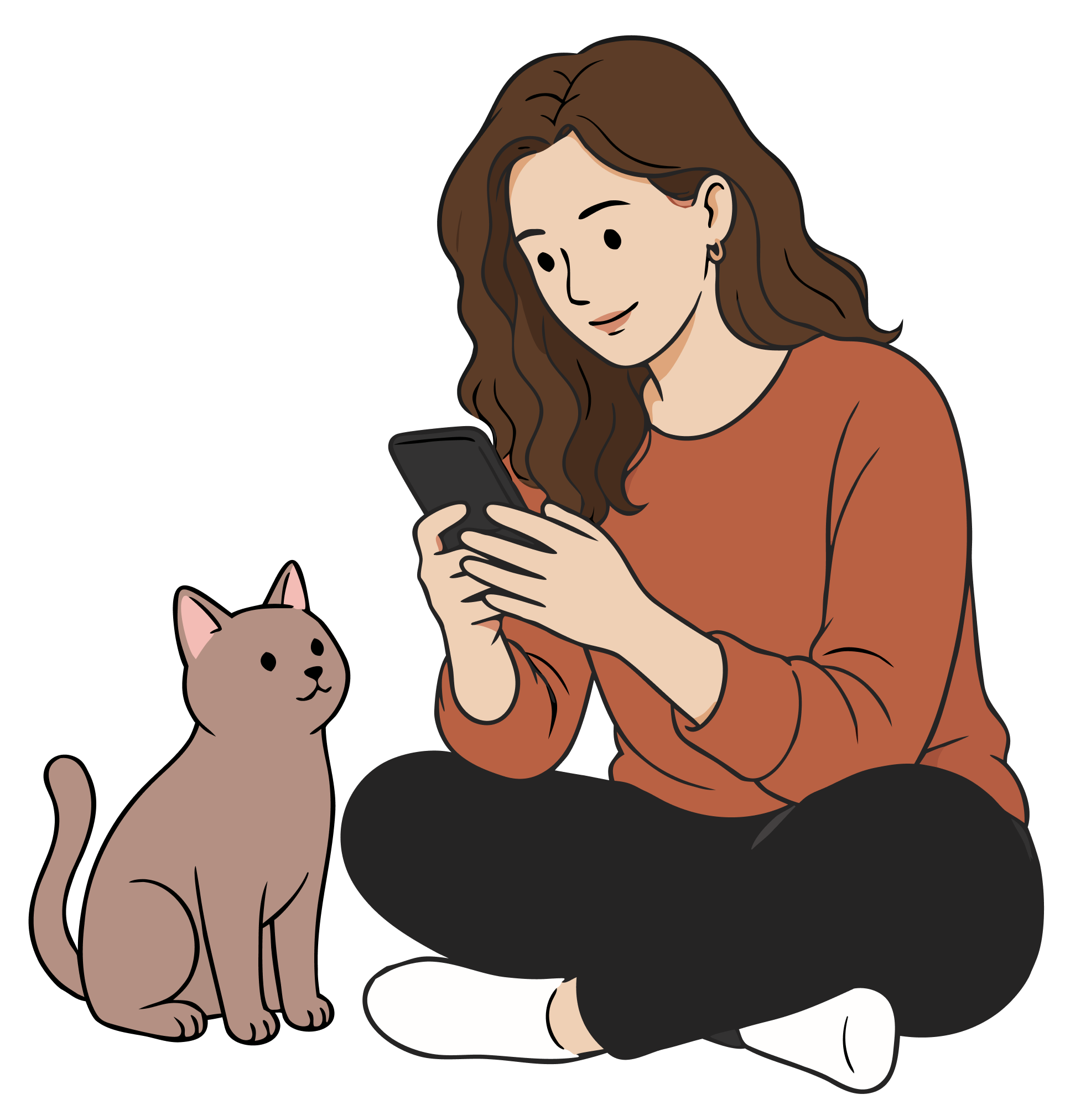 Pet owner using Kin on her phone beside her cat