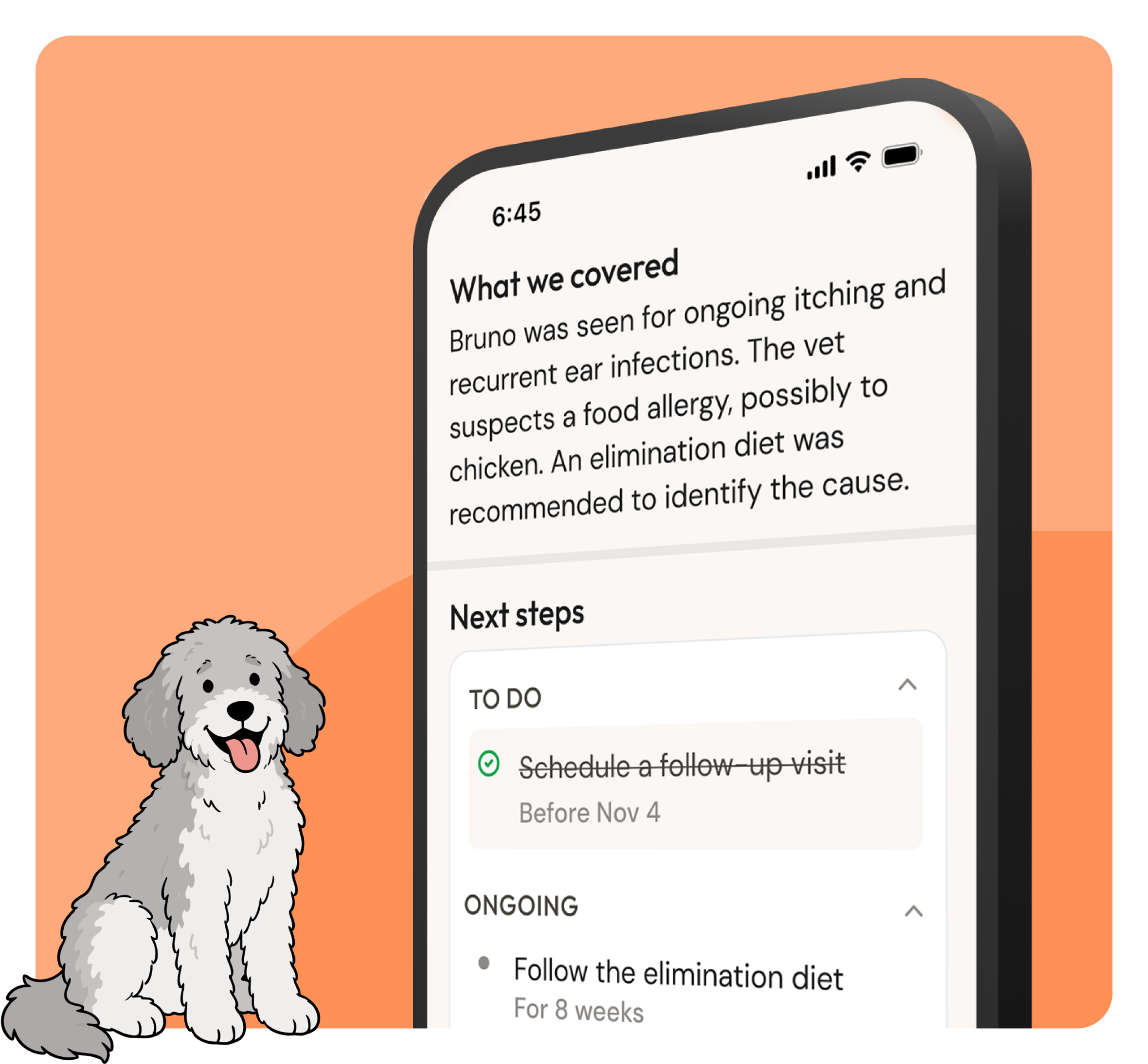 Phone showing a Kin visit summary for a dog named Bruno, with next steps, beside an illustration of a dog